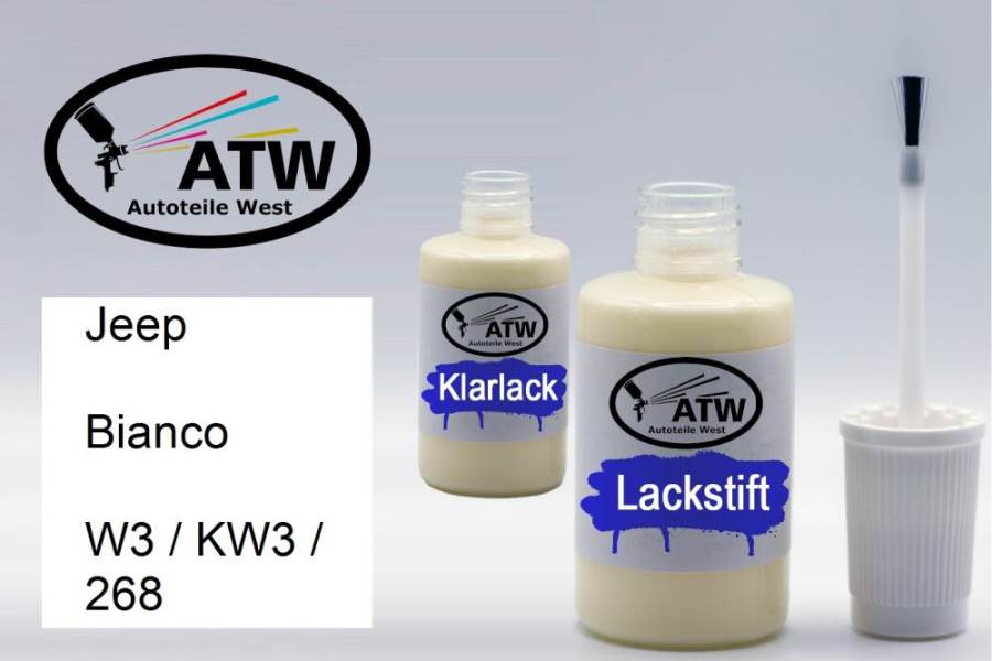 Jeep, Bianco, W3 / KW3 / 268: 20ml Lackstift + 20ml Klarlack - Set, von ATW Autoteile West.